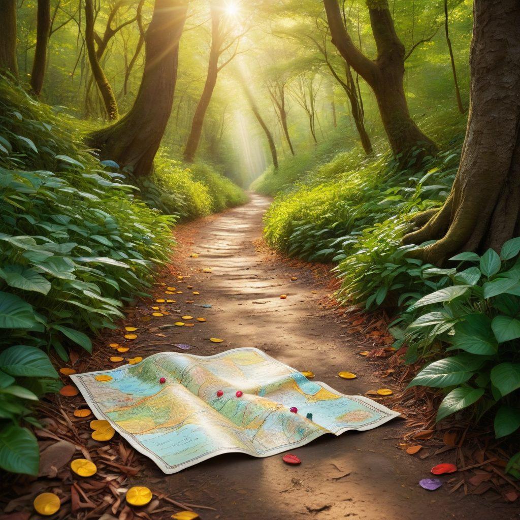 A winding path through a lush forest, dotted with sparkling hidden treasures like gems and golden coins peeking out from beneath leaves, accompanied by whimsical signs pointing towards life hacks and secrets. Soft sunlight filters through the trees, creating a welcoming and adventurous atmosphere. A curious traveler holding a map stands at the edge, ready to explore. vibrant colors. super-realistic.
