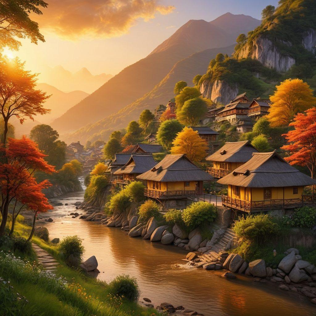 A breathtaking landscape showcasing a hidden village nestled in the mountains, with vibrant traditional architecture and locals engaging in cultural activities like dance and crafts. Include lush greenery surrounding the village and an inviting sunset sky in the background. The scene should evoke a sense of adventure and discovery. super-realistic. vibrant colors. atmospheric.