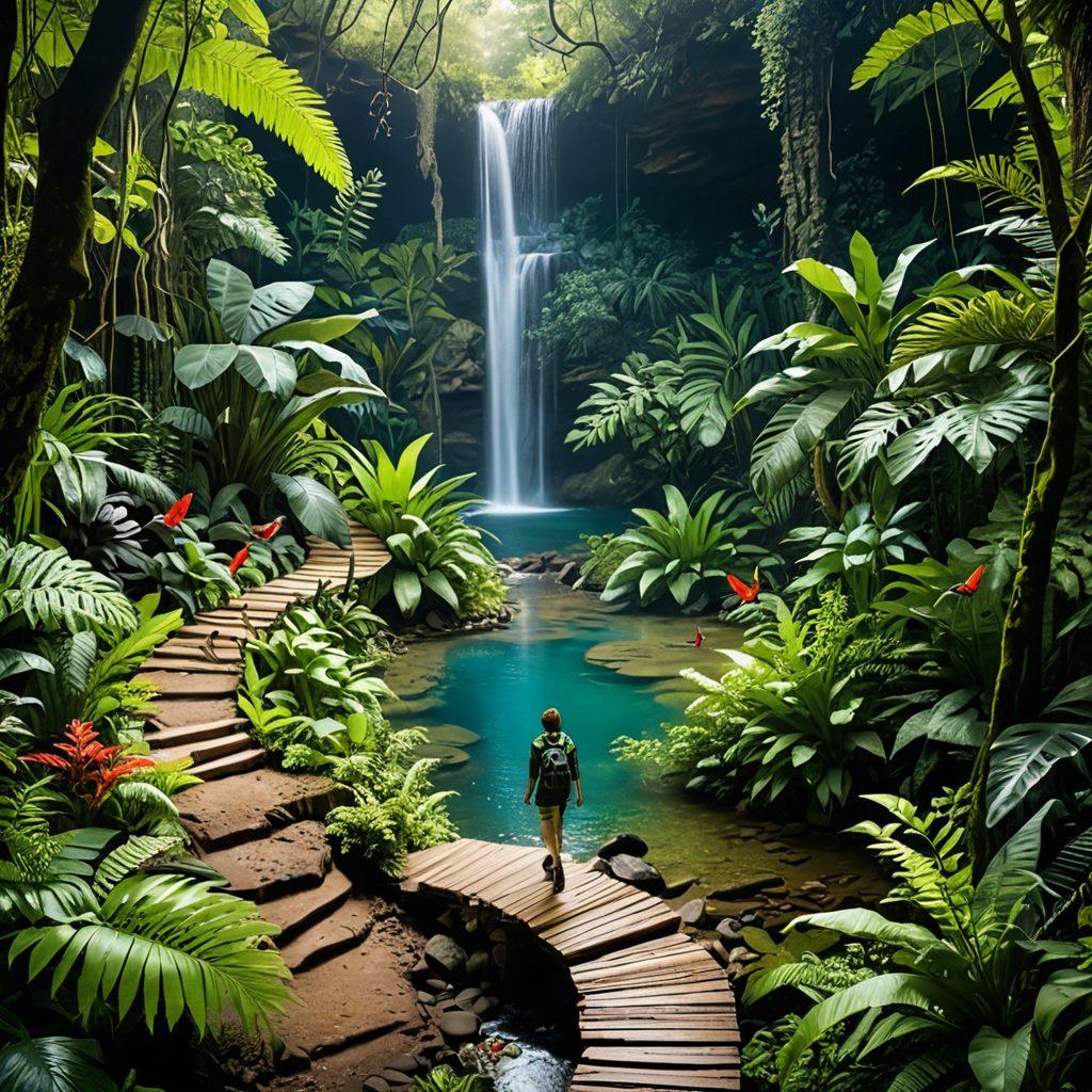 A picturesque scene showcasing a winding dirt path through a lush forest, leading to a hidden waterfall, with a person exploring nearby. Include vibrant, exotic plants and wildlife to represent the adventure of discovering hidden gems. A subtle overlay of local maps and landmarks in the background adds depth to the exploration theme. cinematic style. vibrant colors. natural lighting.